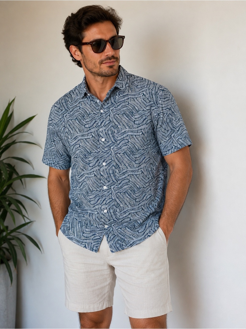 Perry Ellis Men’s Linen Cotton Blend Shirt Blue White Geometric Short Sleeve L.